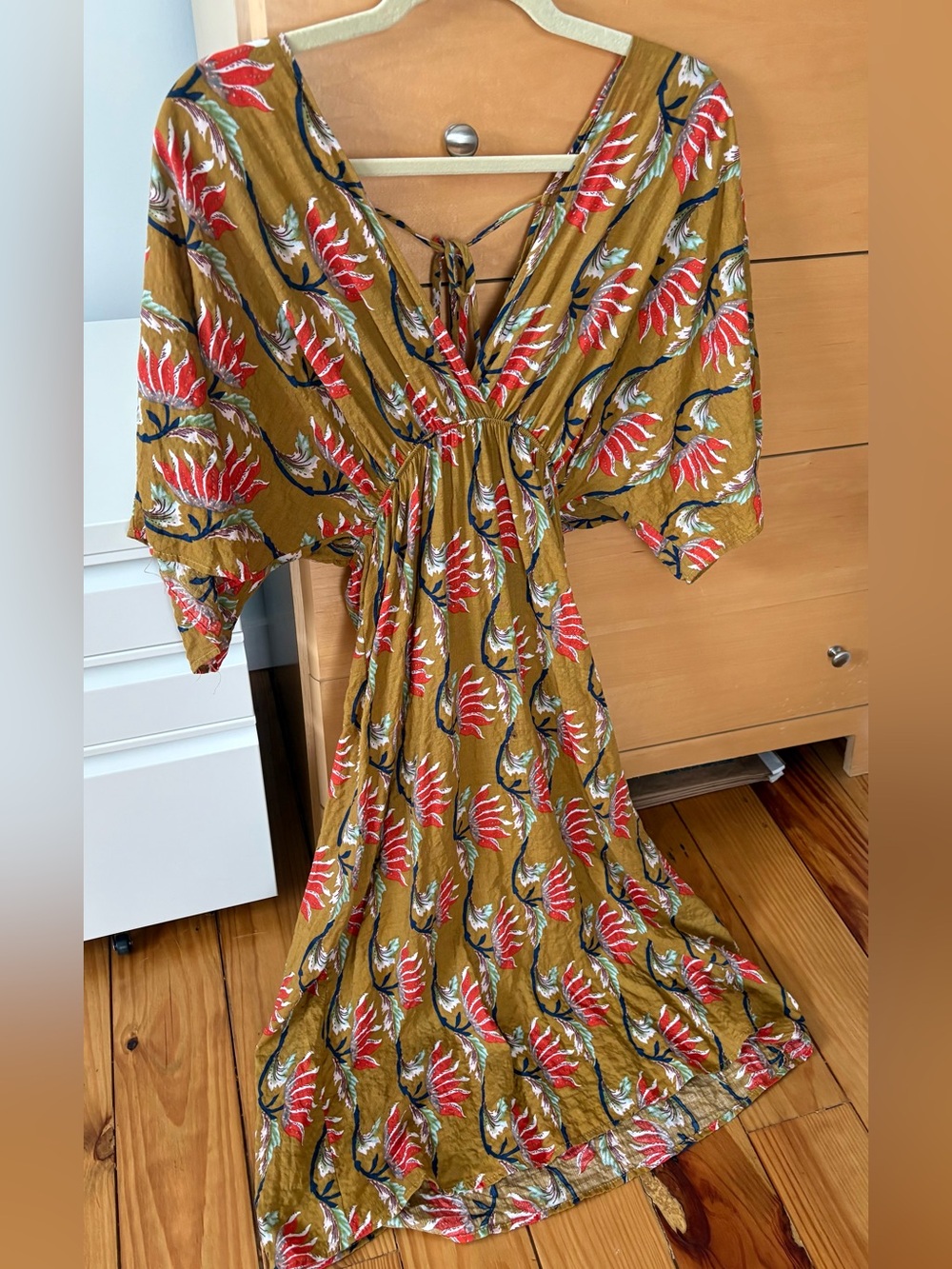 BUCKETLIST Mustard Tropical Floral Maxi with Bright Melon and Navy Accents MED